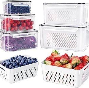 6 PCS Large Fruit Containers for Fridge - Leakproof Food Storage Containers with Removable Colander - Dishwasher & Microwave Safe Produce Containers Keep Fruits, Vegetables, Berry, Meat Fresh longer