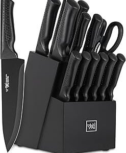Knife Set, 15 Pcs Kitchen Knife Set with Block Self Sharpening, Dishwasher Safe, 6 Steak Knives, Anti-slip handle, Black