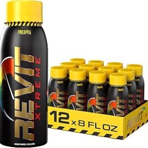 Steel Revit Xtreme Energy Drink Pineapple 8oz (12-Pack) | 375mg Caffeine, 7 Essential Vitamins, Nitric Oxide Boost | Sugar-Free, Resealable Cap, All-Day Energy