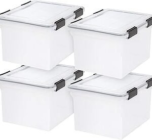 IRIS USA File Box WeatherPro File Organizer Plastic File Box for Letter/Legal File, Water Resistant Document Box, Durable Lid, Seal w/ Secure Latching Buckles, Stackable, Nestable, Clear 32 Qt. 4Pack