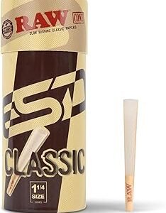 RAW Cones Classic 1-1/4 Size - 50 Pack - Slow Burning Pre Rolled Cones made of Paper with Tips & Packing Tubes Included
