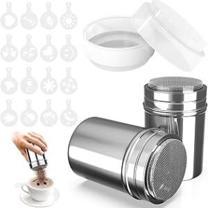 2 Pack Powdered Sugar Shaker Duster with 16 Coffee Stencils – Stainless Steel Spice & Flour Shaker for Baking, Coffee, Cinnamon – Powder Dispenser for Kitchen & Bar