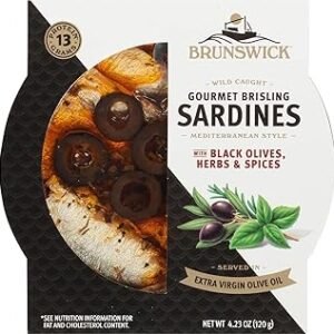 Brunswick Wild Caught Gourmet Brisling Sardines in Extra Virgin Olive Oil, Mediterranean Style with Black Olives, Herbs and Spices, 4.23 oz Can - Wild Caught Sardines - 13g Protein per Serving