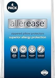 Set of 4 Standard/Queen AllerEase Pillow Protectors - Moisture Wicking, Advanced Allergy Protection - Premium Polyester, Zippered Protectors