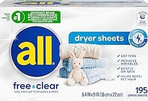 all Fabric Softener Dryer Sheets for Sensitive Skin, Free Clear, 195 Count