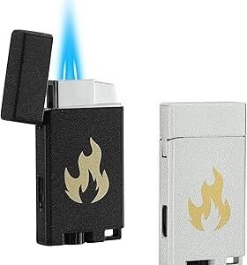 Classic Matte Butane Pocket Lighter, 2 Pack Double Jet Flame Torch Lighter with Visible Window, Windproof Adjustable and Refillable Lighter for Men and Women, Without Gas(Matte Black+Silver)