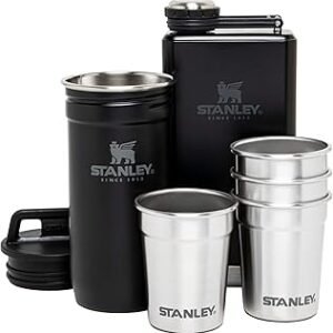 Stanley Adventure Pre-Party Flask and Nesting Shot Glass Set | 8 oz Leakproof Hip Flask | 4 Shot Glasses in Travel Carrying Case | Insulated Stainless Steel Liquor Flask | BPA-Free | Matte Black