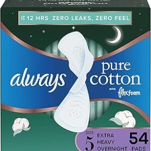 Always Pure Cotton With Flexfoam Pads, Size 5 Extra Heavy Overnight Absorbency, With Wings, 18 Count, Pack Of 3 (54 Count Total)