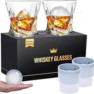 Mfacoy Old Fashioned Whiskey Glasses Set of 4 (2 Crystal Bourbon Glasses, 2 Round Big Ice Ball Molds 11 Oz Rocks Glass with Gift Box, Barware for Scotch Cocktail Rum Vodka Liquor, Gifts for Men
