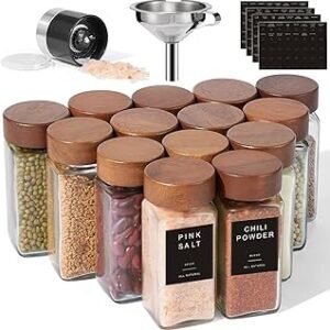Yangbaga Glass Spice Jars with Labels: 14p 4oz Wide Mouth Square Bottle w/Pepper Grinder&Funnel - Airtight Wood Lid & Dishwasher Safe - Home Kitchen Pantry Daily Use - Gift for Newlyweds/Households