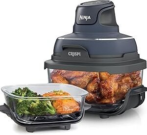 Ninja Crispi 4-in-1 Portable Glass Air Fryer Cooking System, 4QT & 6 Cup Glass Containers with Storage Lids, Easy Meals, Microwave, Freezer & Dishwasher Safe, Air Fry, Bake & More, Cyberspace, FN101GY