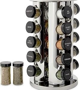 Kamenstein 20 Jar Revolving Countertop Spice Rack with Spices Included, FREE Spice Refills for 5 Years, Polished Stainless Steel with Black Caps, 30020
