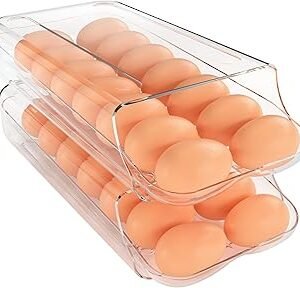theaoo Egg Holder for Fridge, Automatic Rolling Egg Container for Refrigerator, Clear Plastic Egg Dispenser, Stackable Eggs Organizer with Quick Removable inner Tray For Organizers and Storage, 2Pack