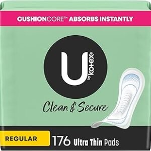 U by Kotex Clean & Secure Ultra Thin Pads, Regular Absorbency, 176 Count (4 Packs of 44) (Packaging May Vary)
