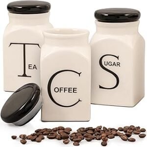 Ceramic Canister Set of 3 - Canisters Sets for the Kitchen for Sugar, Coffee, & Tea - Ceramic Canisters Sets for the Kitchen with Air Tight Lids - Tea Coffee and Sugar Container Set for Countertop