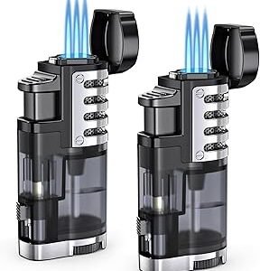 Torch Lighter Butane Refillable Triple Jet Flame Torch Lighters, Windproof Adjustable Flame Butane Torch Lighter with Punch 2 Pack (Without Fuel)