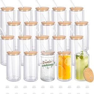 20 Pack Pre Drilled Beer Glass Can Shaped Blank Double Wall Glass Cans with Rubber Stopper Bamboo Lid & Straws for Snow Globe Glitter DIY Clear 12oz