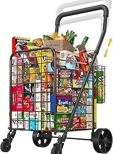 Shopping Cart for Groceries, Height Adjustable Folding Utility Cart with Double Baskets, Extended Foam Cover 360° Swivel Wheels Trolley for Groceries, Laundry, Travel (Medium)