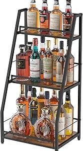 3-Tier Trapezoid Liquor Stand for Home Bar, Stepped Wine Rack Freestanding Floor for Liquor Whiskey Wine, Versatile Corner Wine Bottle Display Stand with Fences, Vintage Brown（Patent Pending）