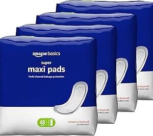 Amazon Basics Maxi Pads For Women- Thick, Super Absorbency, Unscented, 192 Count, (4 Packs of 48) (Previously Solimo)