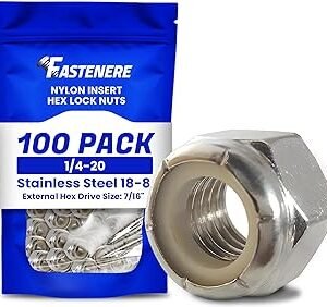 Nylon Insert Hex Lock Nuts - 1/4"-20 (100-Pack) Stainless Steel 18-8, Plain Finish, Corrosion-Resistant, Durable Multi-Use Hardware Nuts - Secure Fastening with Hex Socket Drive