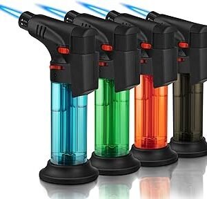 4 Pack of Torch Lighter, Jet Flame, Butane gas, Mini Refillable Windproof Lighters, for candle, fireplace, grill (Gas not Included)