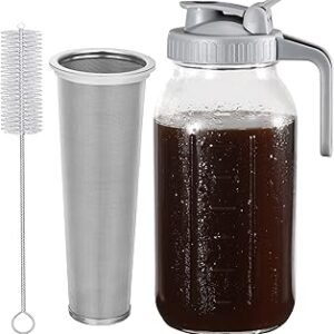 Cold Brew Coffee Maker Pitcher, 64 Oz Heavy Duty Wide Mouth Glass Mason Jar pour spout Lid with Stainless Steel Filter for Iced Coffee, Ice Lemonade, Fruit Drinks, Sun Tea