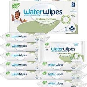 WaterWipes Plastic-Free Textured Clean, Toddler & Baby Wipes, 99.9% Water Based Wipes, Unscented & Hypoallergenic for Sensitive Skin, 540 Count (9 packs), Packaging May Vary