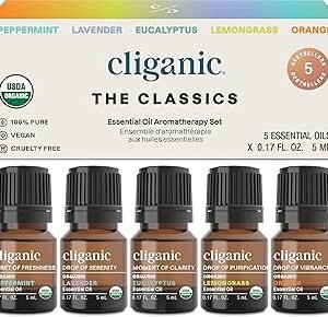 Cliganic Organic Essential Oils Set (Top 5 - The Classics) - 100% Pure Natural - Aromatherapy, Candle Making - Peppermint, Lavender, Eucalyptus, Lemongrass & Orange (Packaging May Vary)