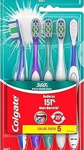 360 Whole Mouth Clean Toothbrush, Adult Soft Toothbrushes, 5 Pack, Multicolored