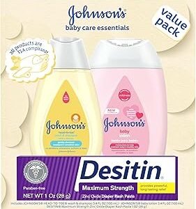 Johnson's Baby Care Essentials Gift Set, Body Lotion, & Zinc Oxide Diaper Rash Paste for Baby's Delicate Skin, Value Pack, Travel-Size, Bath Essentials Must Haves, Baby Gifts, 3 Items