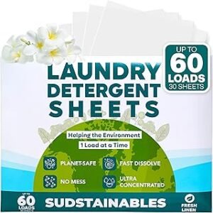 Laundry Detergent Sheets (60 Loads) – Eco-Friendly, Zero Waste, Plastic-Free Laundry Washing Machines Soap Sheets; Dissolvable, Space-Saving Strips for Travel (Fresh Linen)
