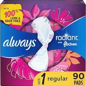 Always Radiant Feminine Pads for Women, Flexfoam Pads with Wings, Size 1, Regular Absorbency, Lightly Scented, 90 Count (Packaging May Vary)