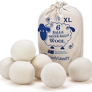 Handy Laundry Wool Dryer Balls - Natural Fabric Softener, Reusable, Reduces Clothing Wrinkles and Saves Drying Time, Better Alternative to Plastic Balls and Liquid Softener (Pack of 6)