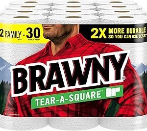Brawny Tear-A-Square Paper Towels, 12 Family Rolls = 30 Regular Rolls, 2X More Durable, 3 Sheet Sizes, Strong and absorbent extra-large roll