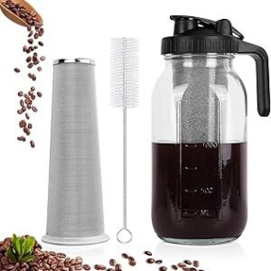 Cold Brew Coffee Maker,64 oz Mason Jar Pitcher with Stainless Steel Filter, Pour Spout Handle Lid, Heavy Duty Glass Airtight & Leak-Proof Pitcher for iced coffee Tea Lemonade