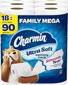 Charmin Toilet Paper Ultra Soft Cushiony Touch, 18 Family Mega Rolls = 90 Regular Rolls