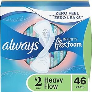 Always Infinity Feminine Pads for Women, Size 2 Regular, with wings, unscented, 46ct