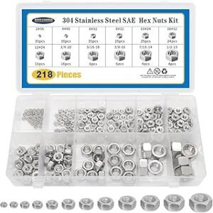 218 PCS SAE Stainless Steel Hex Nut Assortment Kit, 2#56 4#40 6#32 8#32 10#24 10#32 12#24 1/4-20 5/16-18 3/8-16 7/16-14 1/2-13, 304 Stainless Steel Nuts Set