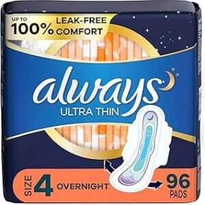Always Ultra Thin Overnight Pads with Wings, Size 4, Overnight, 96 Count