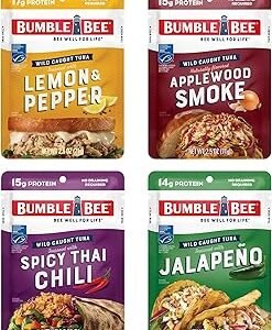 Bumble Bee Seasoned Tuna Pouch Favorite Flavors Bundle (4 Total Pouches) - Lemon & Pepper Tuna, Applewood Smoke Tuna, Spicy Thai Chili Tuna, and Jalapeno Tuna - Ready to Eat 2.5 oz Packets