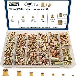 SAE Rivet Nut Assortment Kit(880 Pcs), #6-32#8-32#10-24 1/4"-20 5/16"-18 3/8"-16 1/2"-13 UNC Flat Head Rivnut Set, Zinc Plated Finish Carbon Steel Nutsert