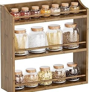 Spice Rack for Countertop, Bamboo Seasoning Jars Organizer Rack Shelf Wall Mounted, 15.83" W x 4.96" D x 15.75" H (Walnut)