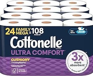 Cottonelle Ultra Comfort Toilet Paper with Cushiony CleaningRipples Texture, Strong Bath Tissue, 24 Family Mega Rolls (24 Family Mega Rolls = 108 Regular Rolls) (4 Packs of 6), 296 Sheets per Roll