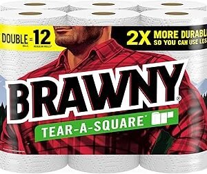 Brawny Tear-A-Square Paper Towels, 6 Double Rolls = 12 Regular Rolls, 3 Sheet Sizes (Quarter, Half, Full), Strength for All Messes, Cleanups, and Meal Prep, White