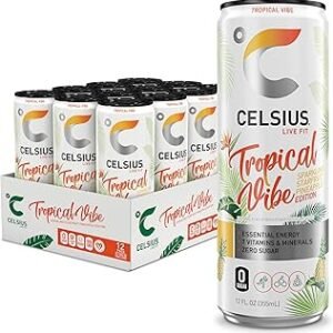 CELSIUS Sparkling Tropical Vibe, Functional Essential Energy Drink 12 Fl Oz (Pack of 12)