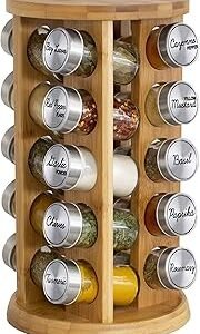 Orii 20 Jar Bamboo Spice Rack with Spices Included - Rotating Tower Organizer for Kitchen Spices and Seasonings, (Bamboo Wood)