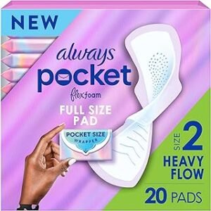 Always Pocket Feminine Pads for Women with FlexFoam, Size 2, Heavy Flow, with Wings, Unscented, 20 Count