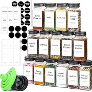 ComSaf 15Pcs 4oz Glass Spice Jars with Shaker Lids, 93 Labels, a Handy Funnel, a Pepper Grinder, Empty Spice Containers and Square Spice Bottles for Kitchen and Seasoning