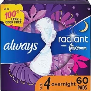 Always Radiant Feminine Pads for Women, Flexfoam Pads with Wings, Size 4, Overnight Absorbency, Lightly Scented, 60 Count (Packaging May Vary)